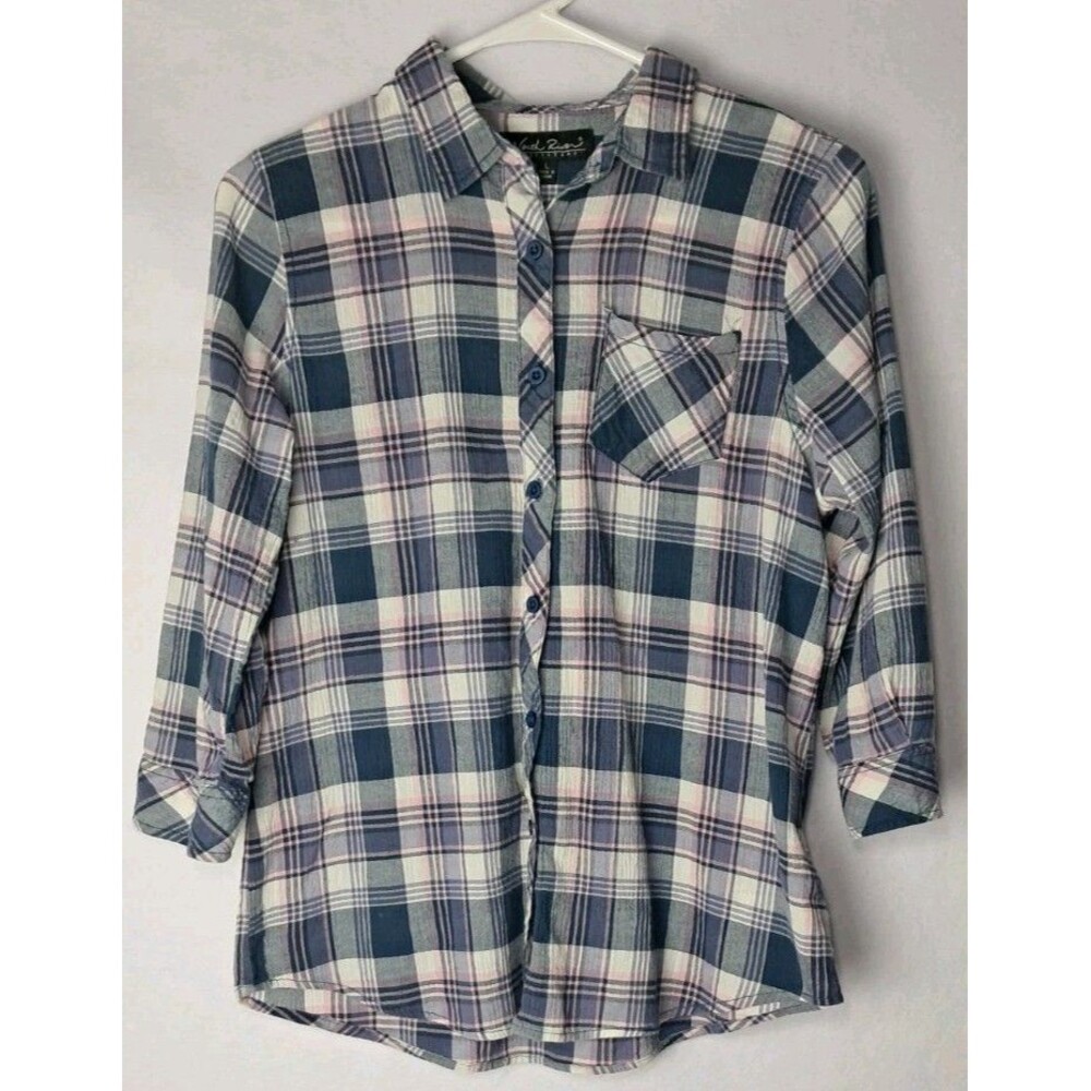 North River Outfitters Womens Large Button Up Flannel Roll Tab Sleeve Pink Blue